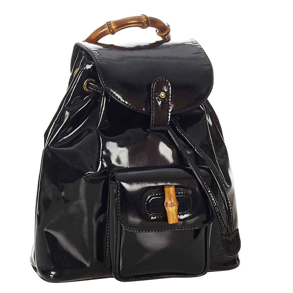 

Gucci Black Patent Leather Bamboo Drawstring Backpack