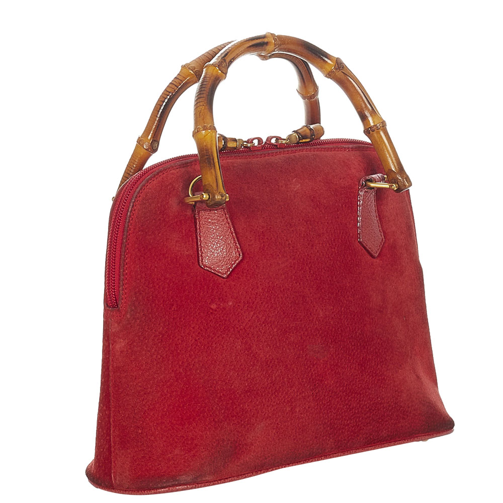 

Gucci Red Suede Bamboo Satchel Bag