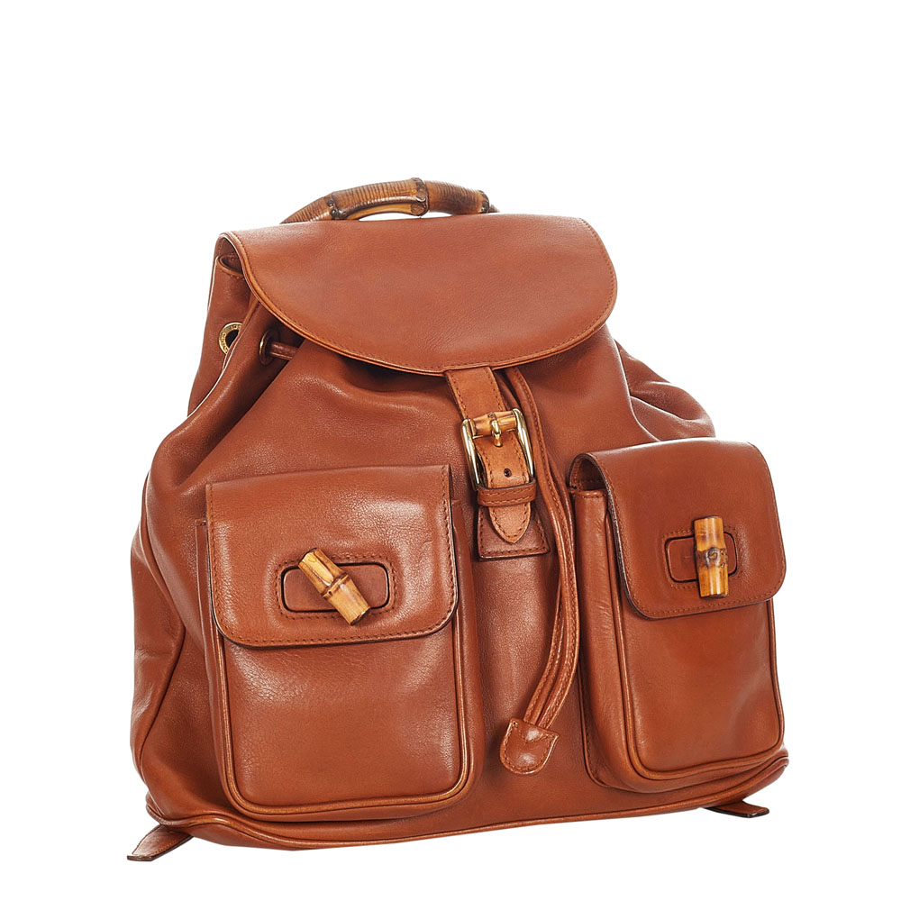 

Gucci Brown Leather Drawstring Bamboo Backpack