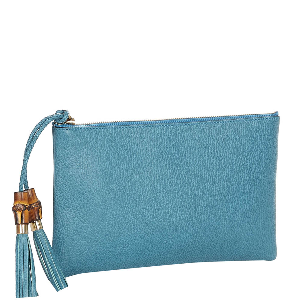 

Gucci Blue Leather Bamboo Tassel Clutch