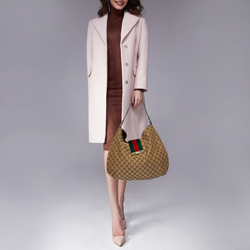 

Gucci Brown/Beige GG Canvas and Leather Large New Ladies Web Hobo