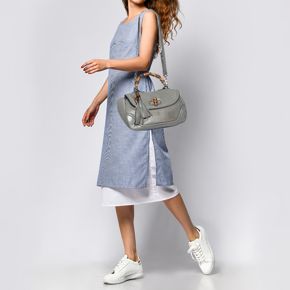 

Gucci Grey Leather Large New Bamboo Tassel Top Handle Bag