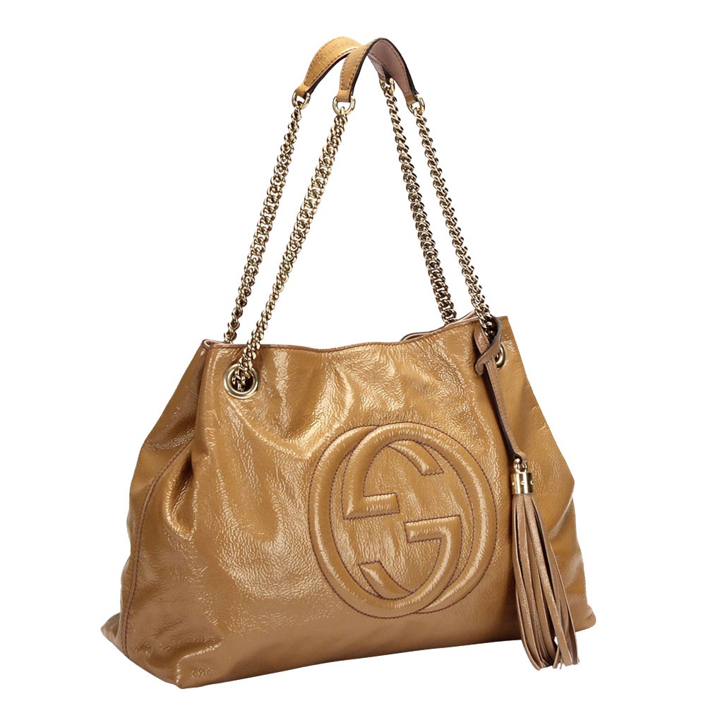 

Gucci Brown Patent Leather Soho Chain Tote Bag