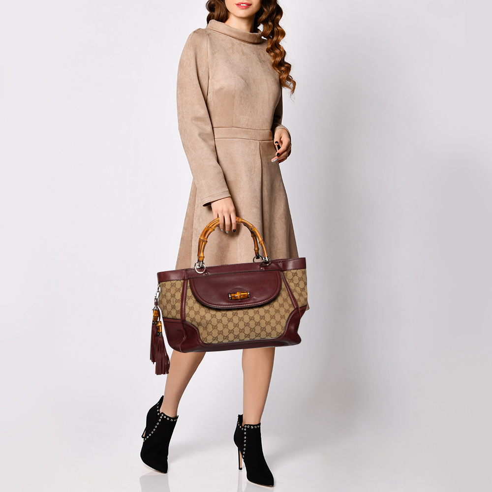 

Gucci Beige/Burgundy GG Canvas and Leather Peggy Bamboo Tote