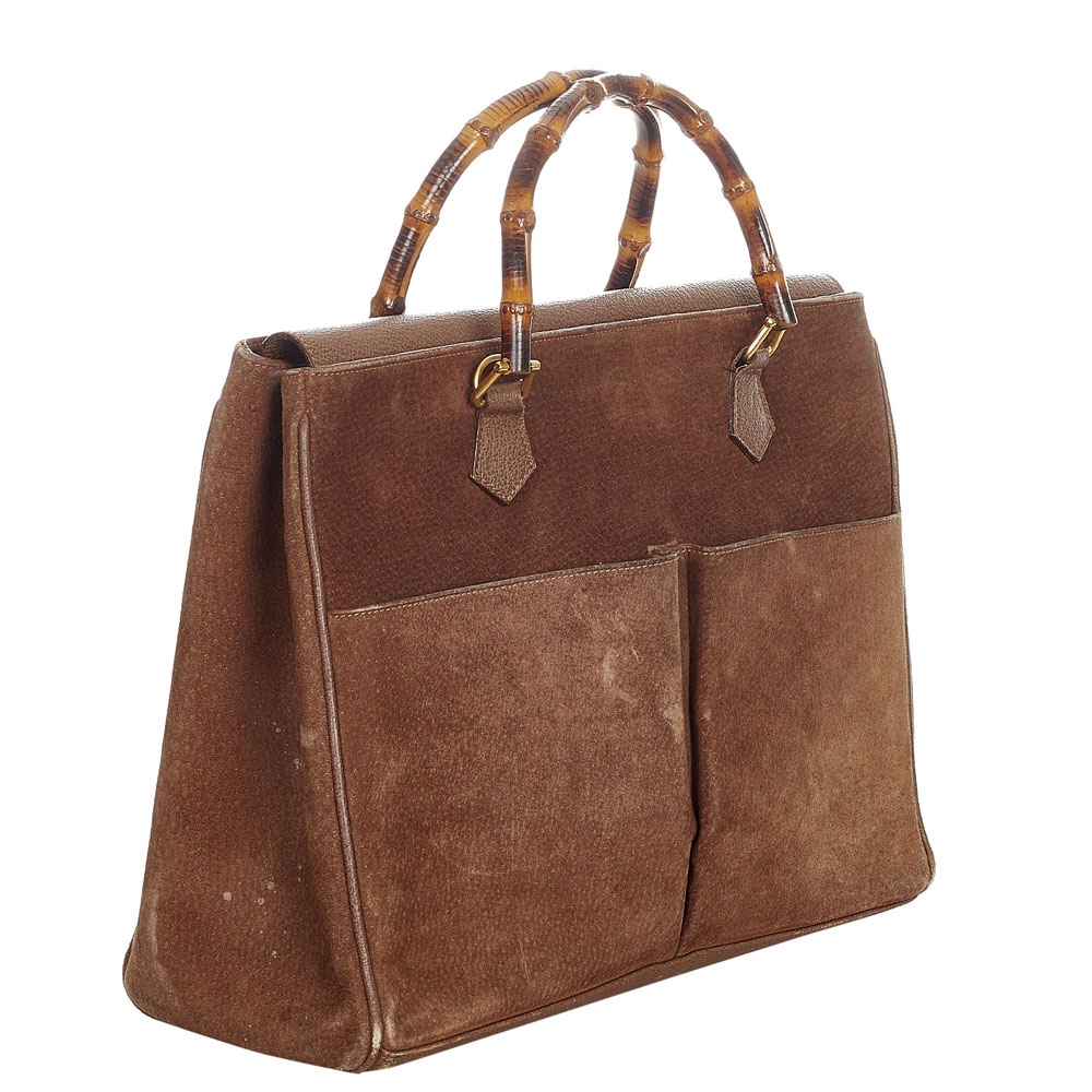 

Gucci Brown Suede Bamboo Satchel Bag