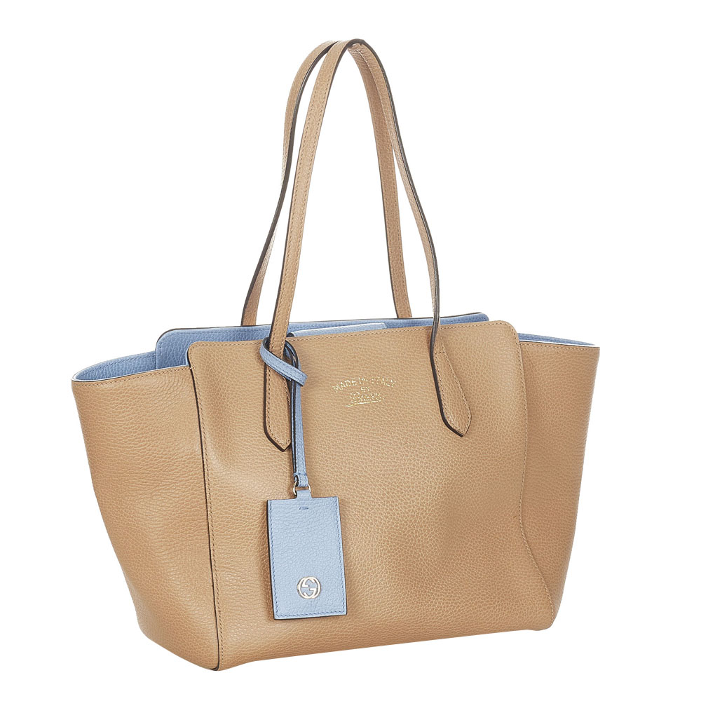 

Gucci Brown Calf Leather Swing Tote Bag, Beige