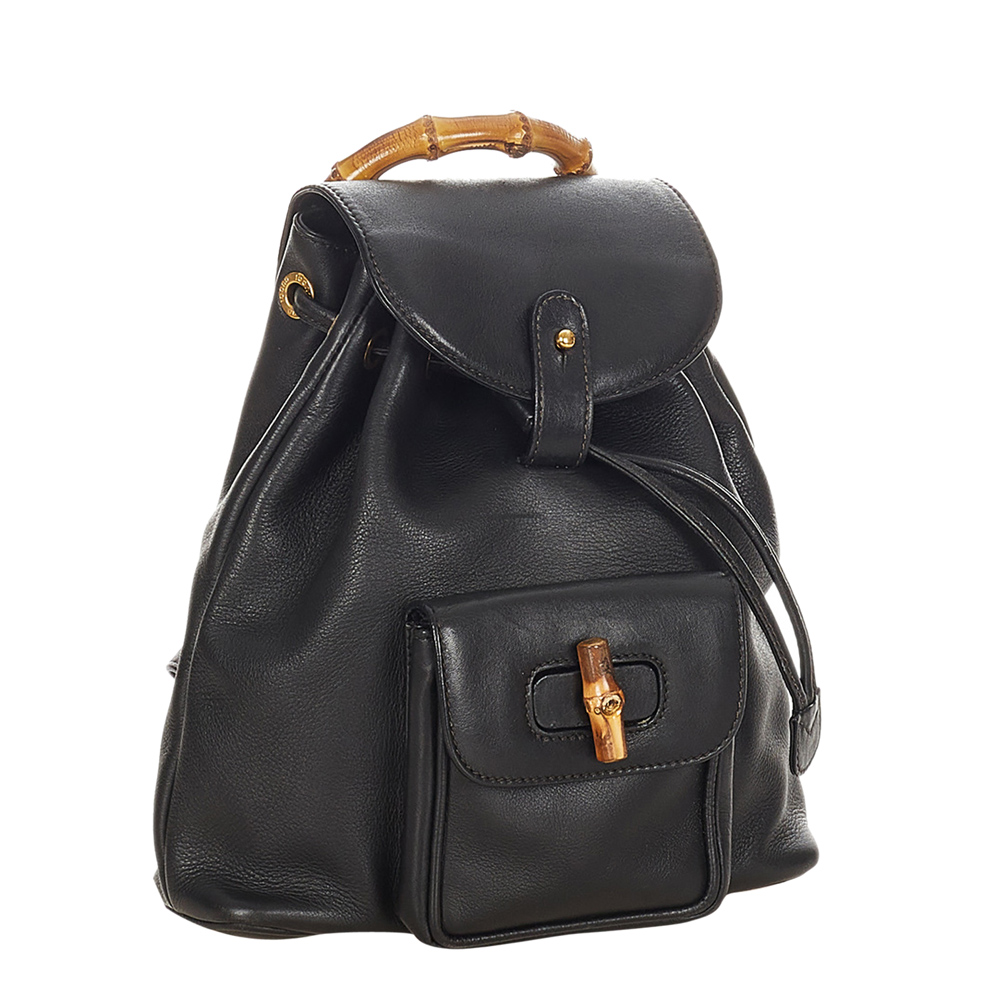 

Gucci Black Leather Bamboo Drawstring Backpack