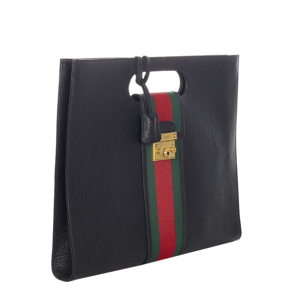 

Gucci Black Leather Web Padlock Top Handle Bag
