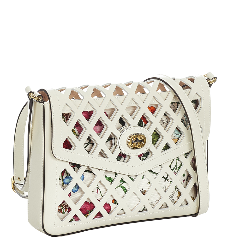 

Gucci White Calf Leather Traforata Cutout Flora Shoulder Bag, Multicolor