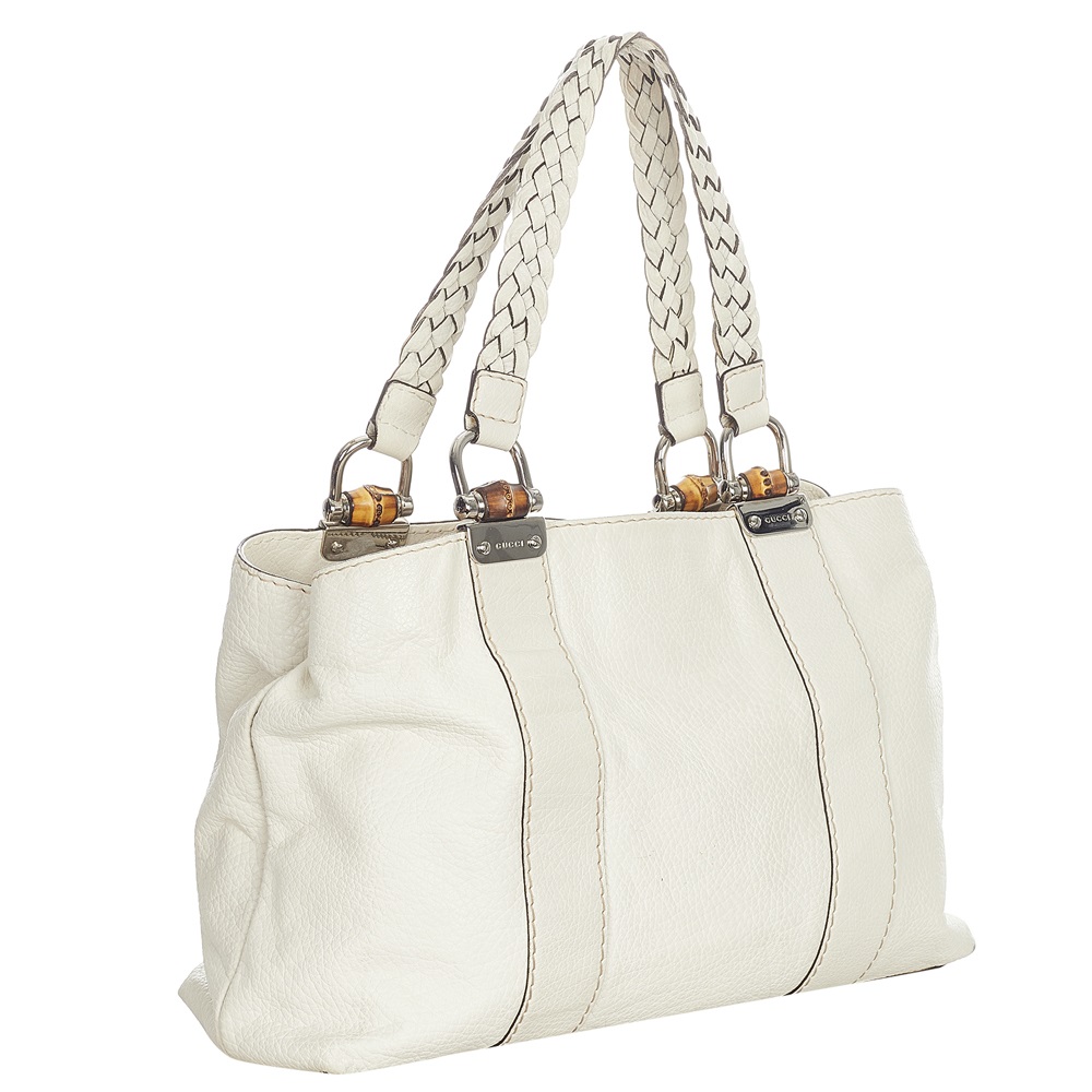 

Gucci White Leather Barided Handle Bamboo Bar Tote Bag