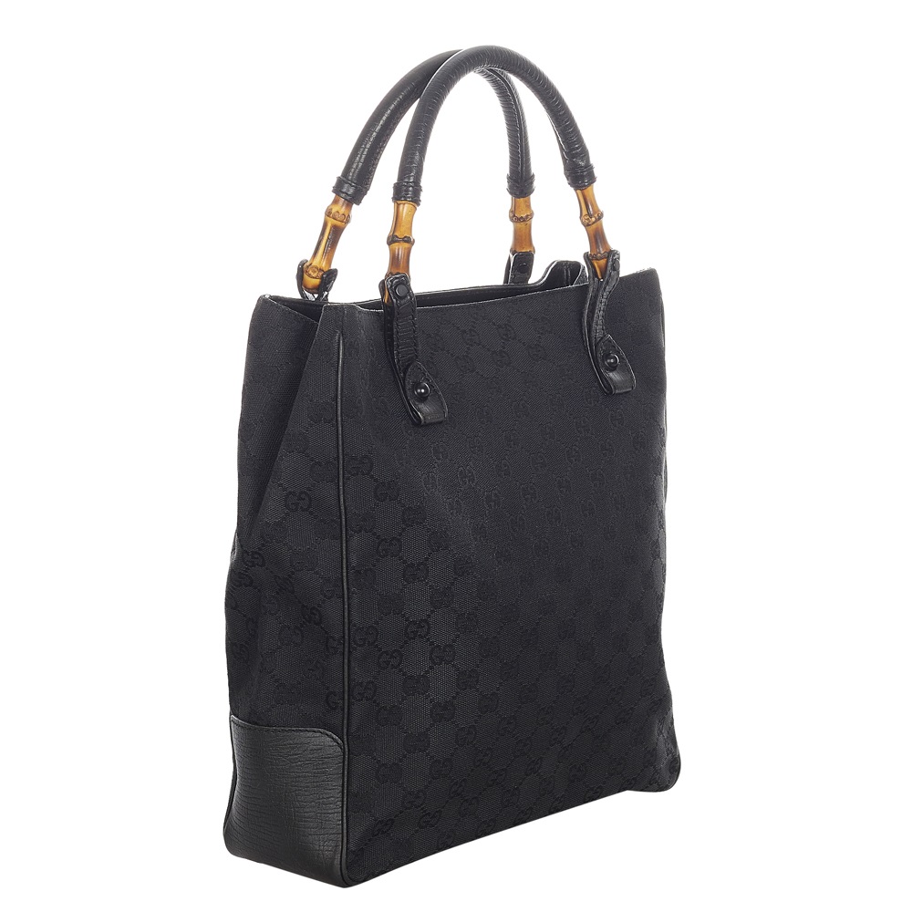 

Gucci Black GG Canvas Fabric Bamboo Tote Bag