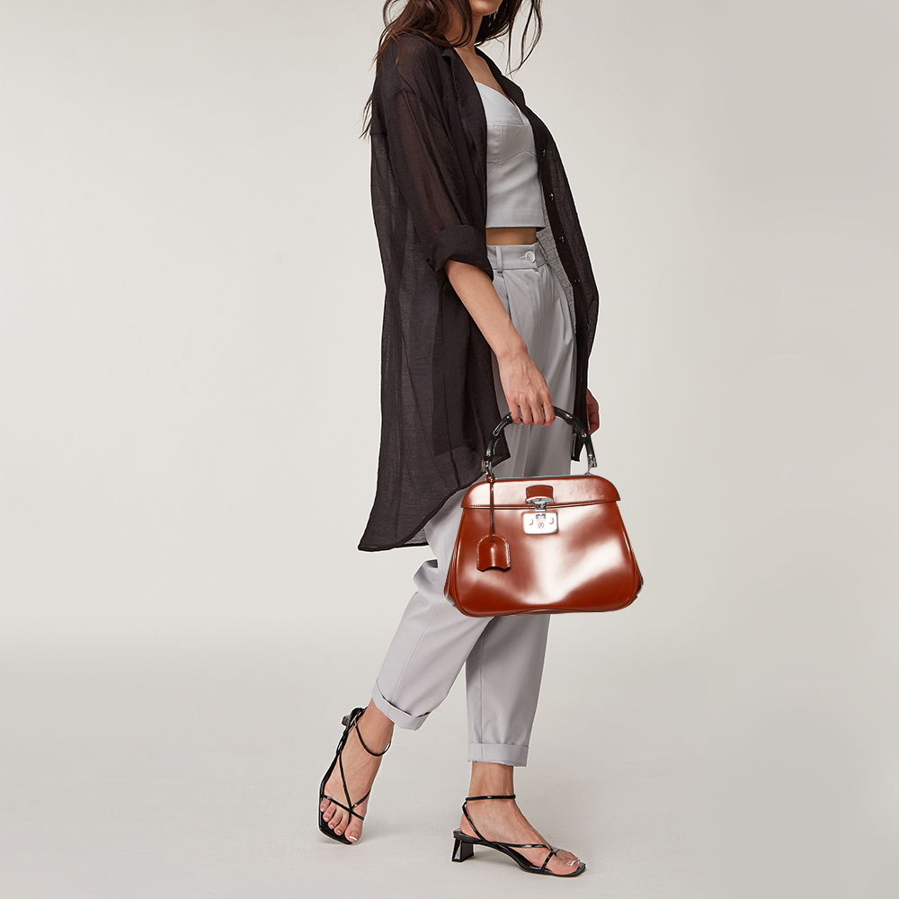 

Gucci Brown Glossy Leather Lady Lock Bamboo Top Handle Bag