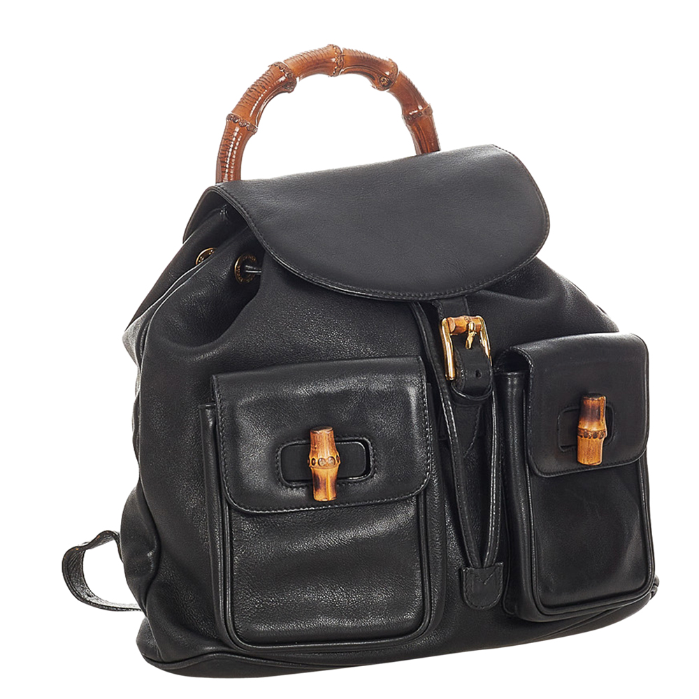 

Gucci Black Leather Bamboo Backpack