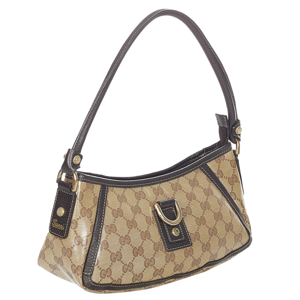 

Gucci Beige Coated Canvas GG Crystal Abbey D-Ring Baguette Bag