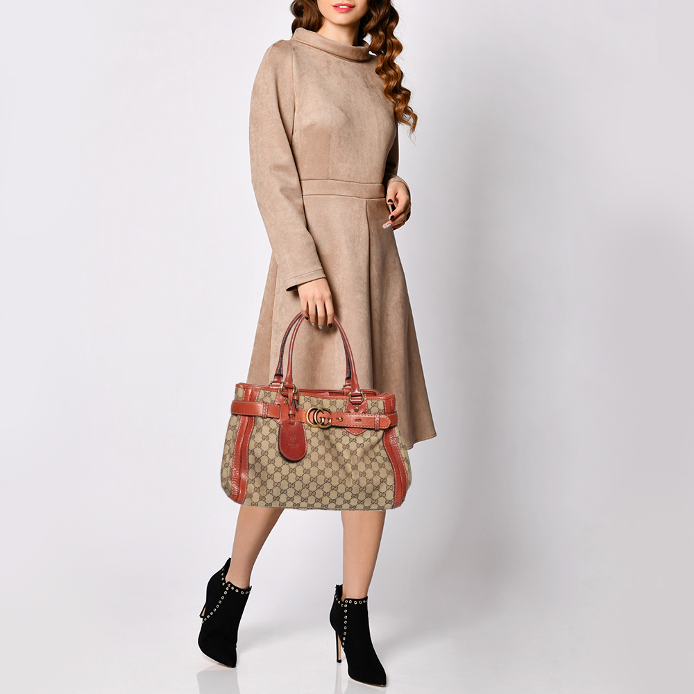 

Gucci Beige/Orange GG Canvas and Leather Medium Running Tote