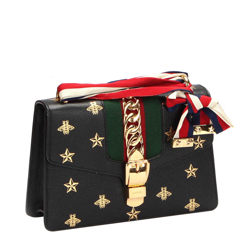 

Gucci Black Leather  Sylvie Bee Star Shoulder Bag