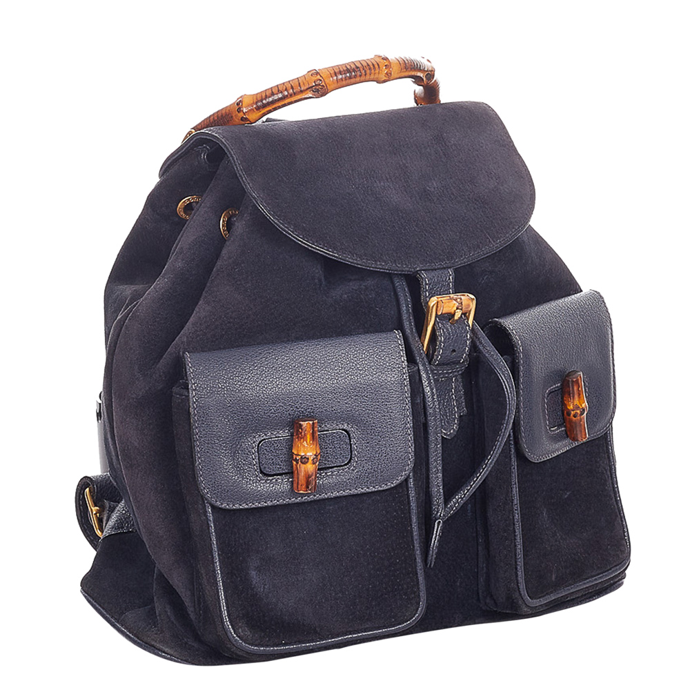 

Gucci Navy Blue Leather and Suede Bamboo Backpack