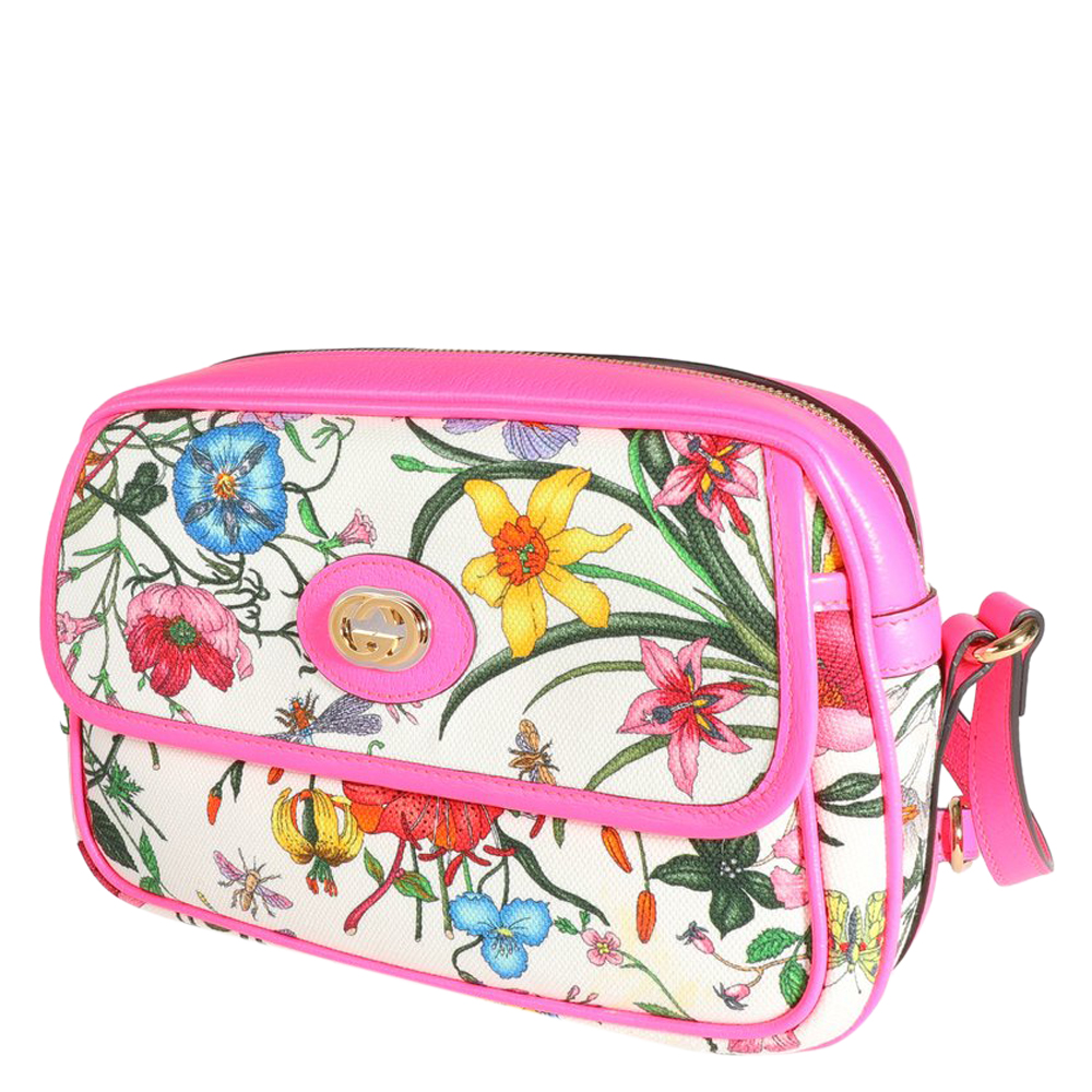 

Gucci Pink Flora Canvas Leather Small Shoulder Bag