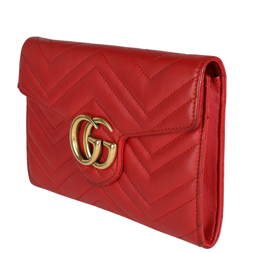 

Gucci Red Quilted Calfskin Leather Mini GG Marmont Chain Wallet Bag