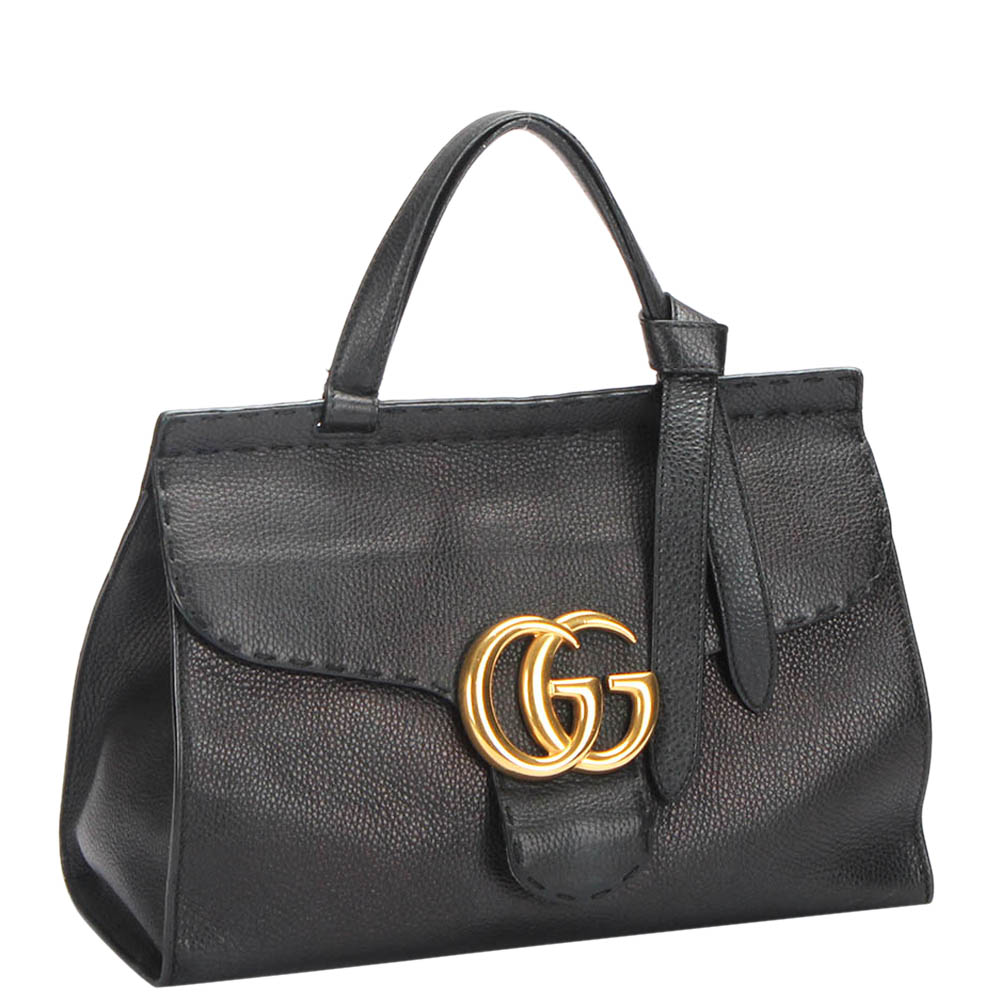 

Gucci Black Leather Small GG Marmont Top Handle Bag