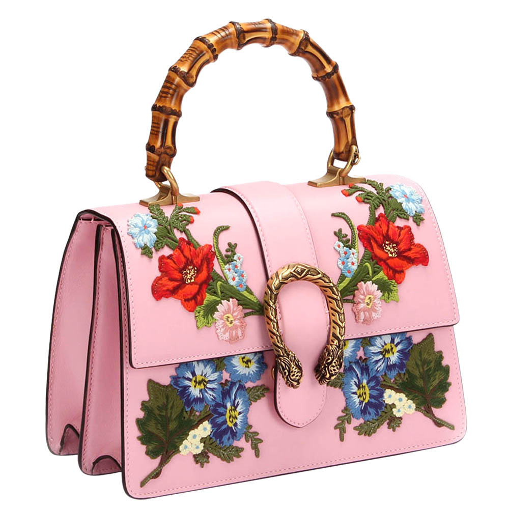 

Gucci Pink Calf Leather  Bamboo Dionysus Embroidered Top Handle Bag