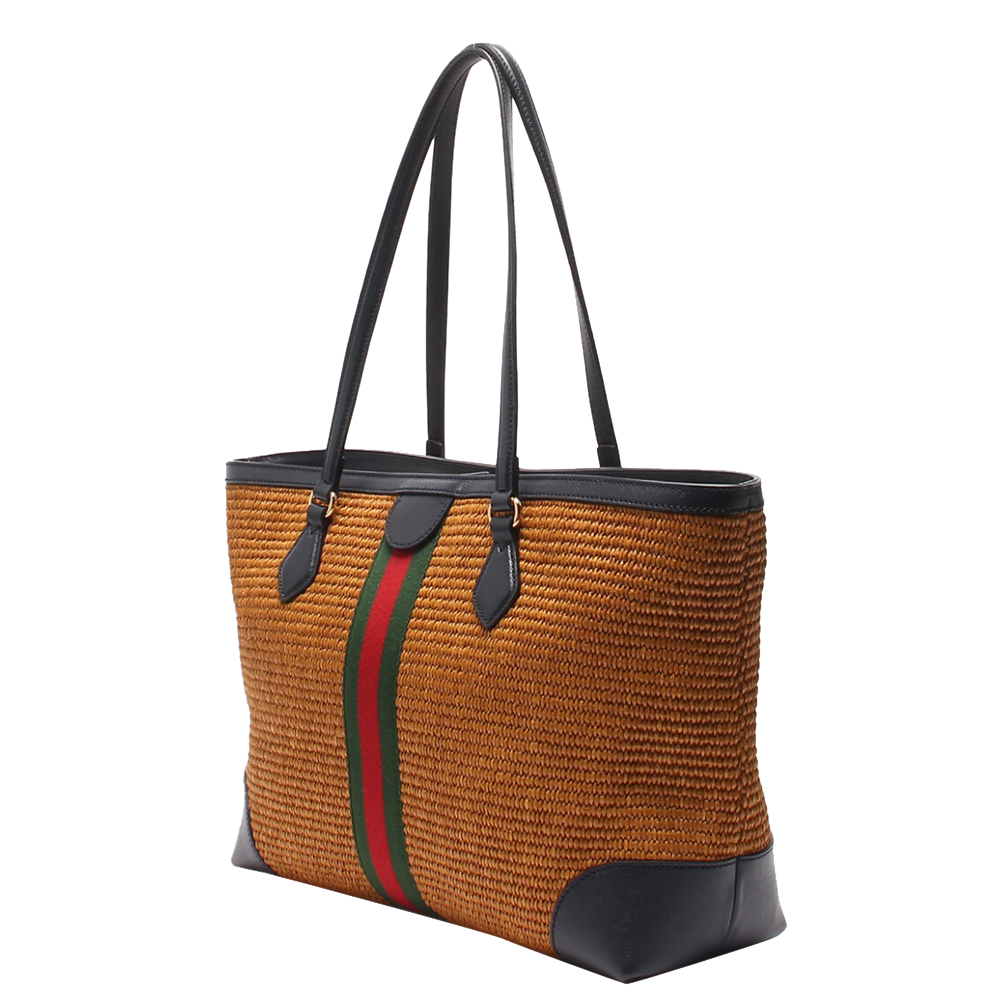

Gucci Brown Trimmed Raffia Leather Ophidia Tote Bag