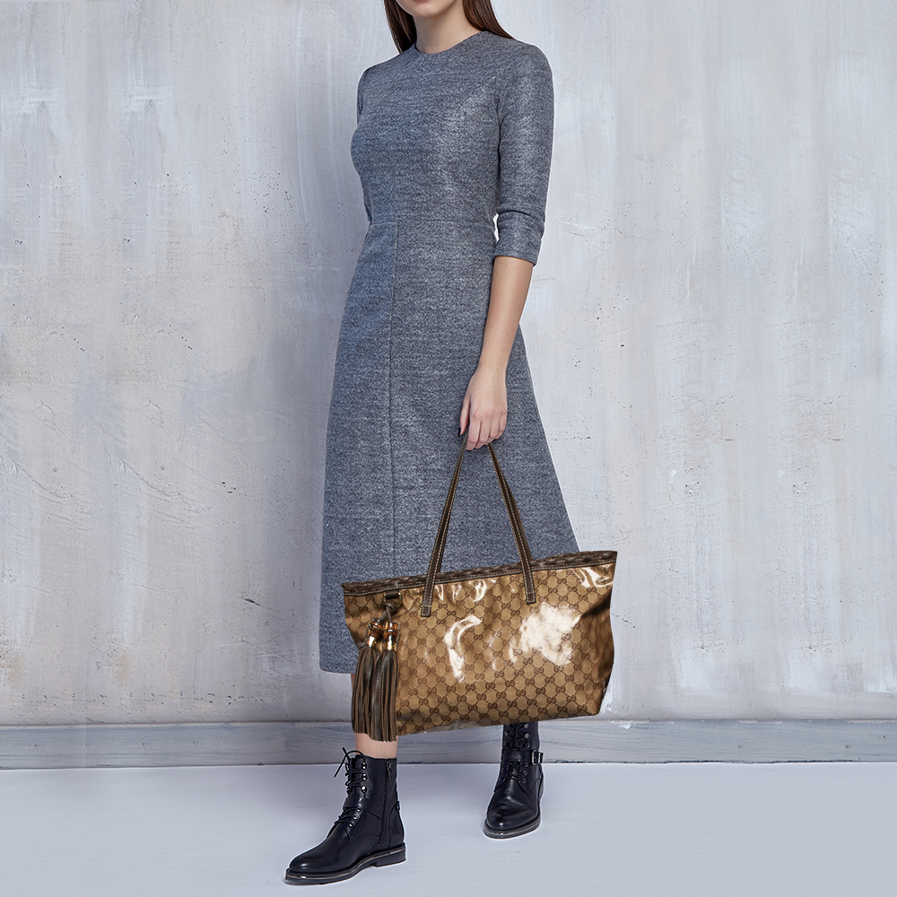 

Gucci Beige GG Crystal Canvas Bamboo Tassel Tote, Brown