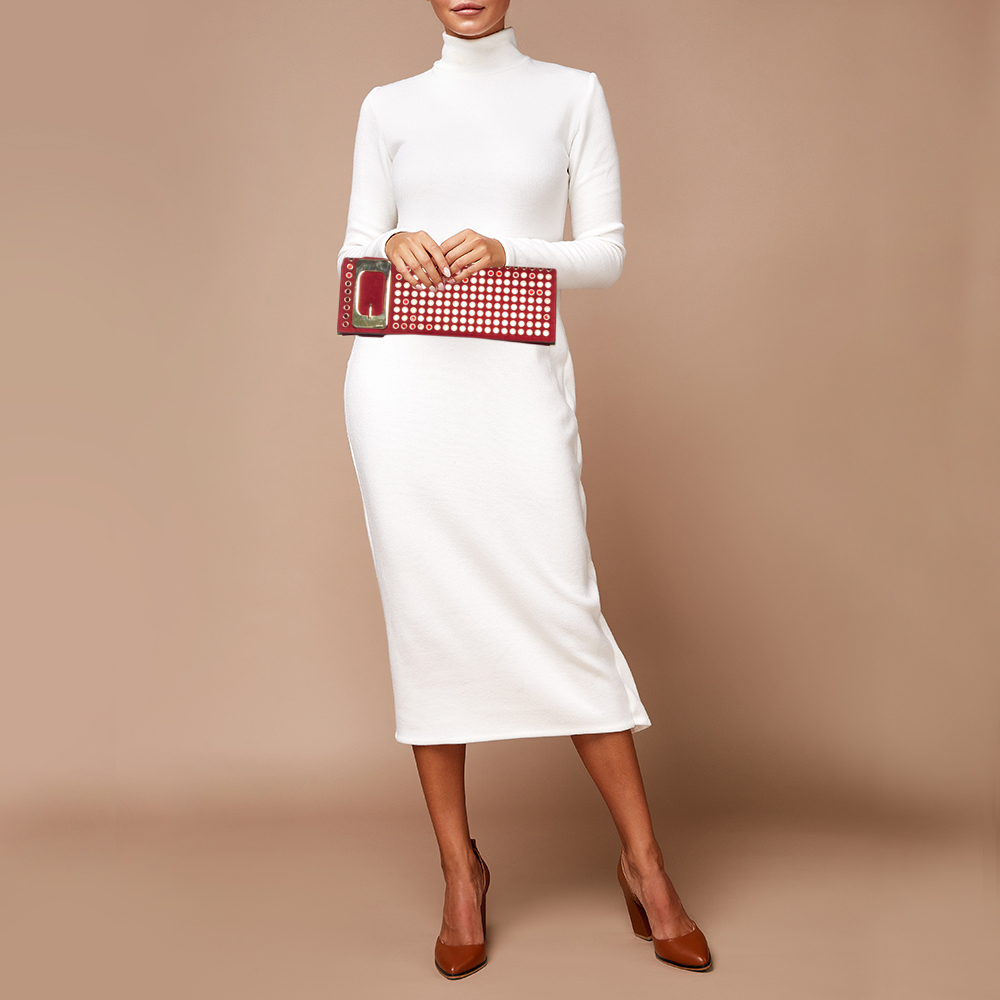 

Gucci Red Suede Grommet Buckle Flap Clutch