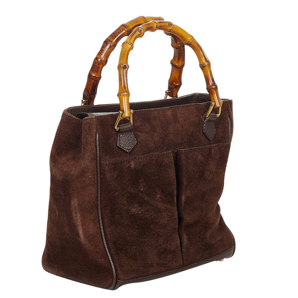 

Gucci Brown Suede Bamboo Satchel Bag