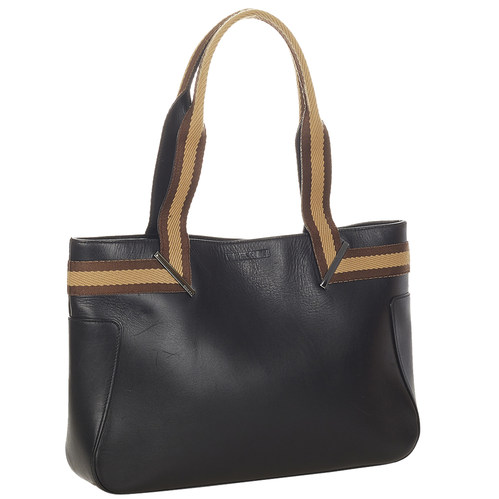 

Gucci Black Calf Leather Web Tote Bag