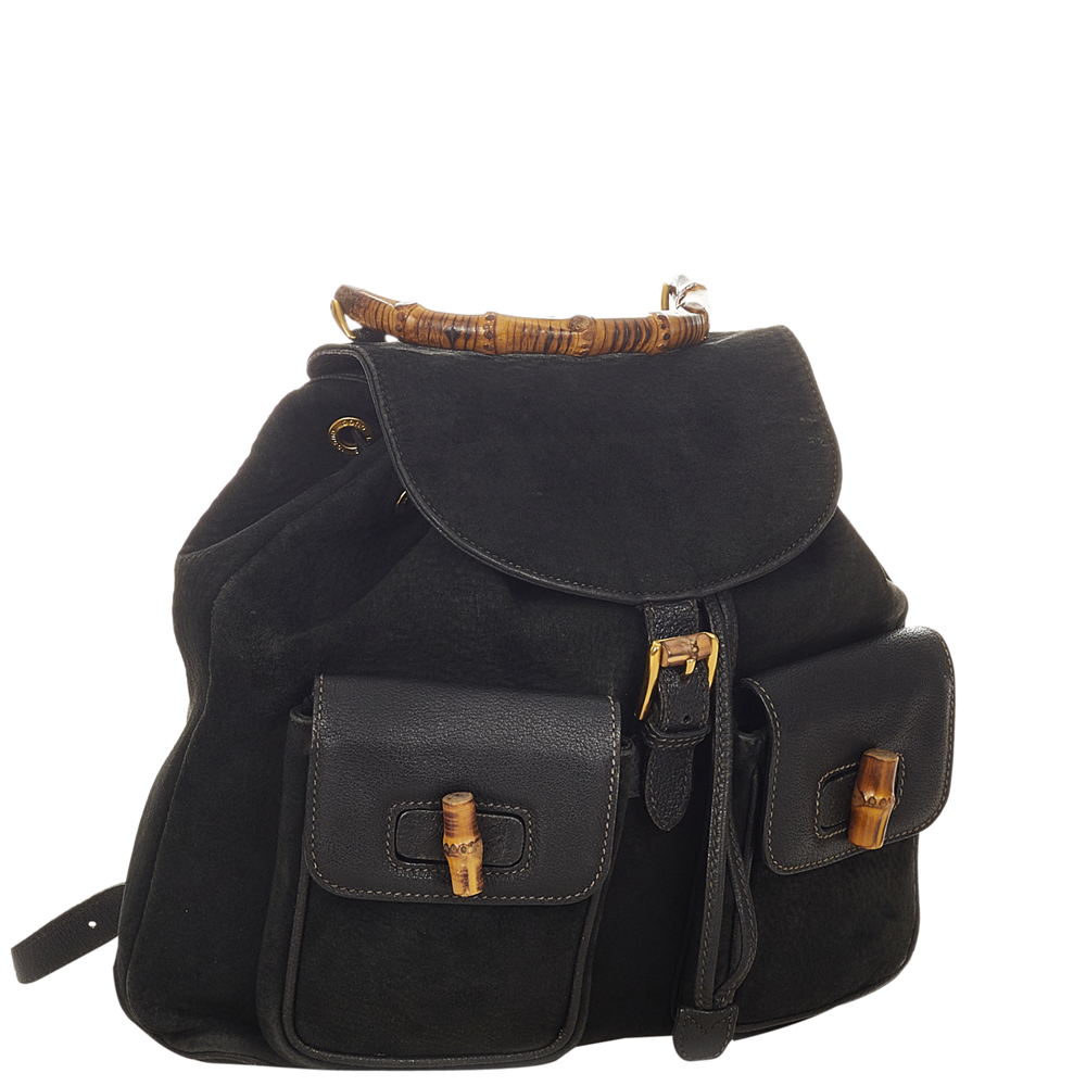 

Gucci Black Suede and leather Bamboo Drawstring Backpack