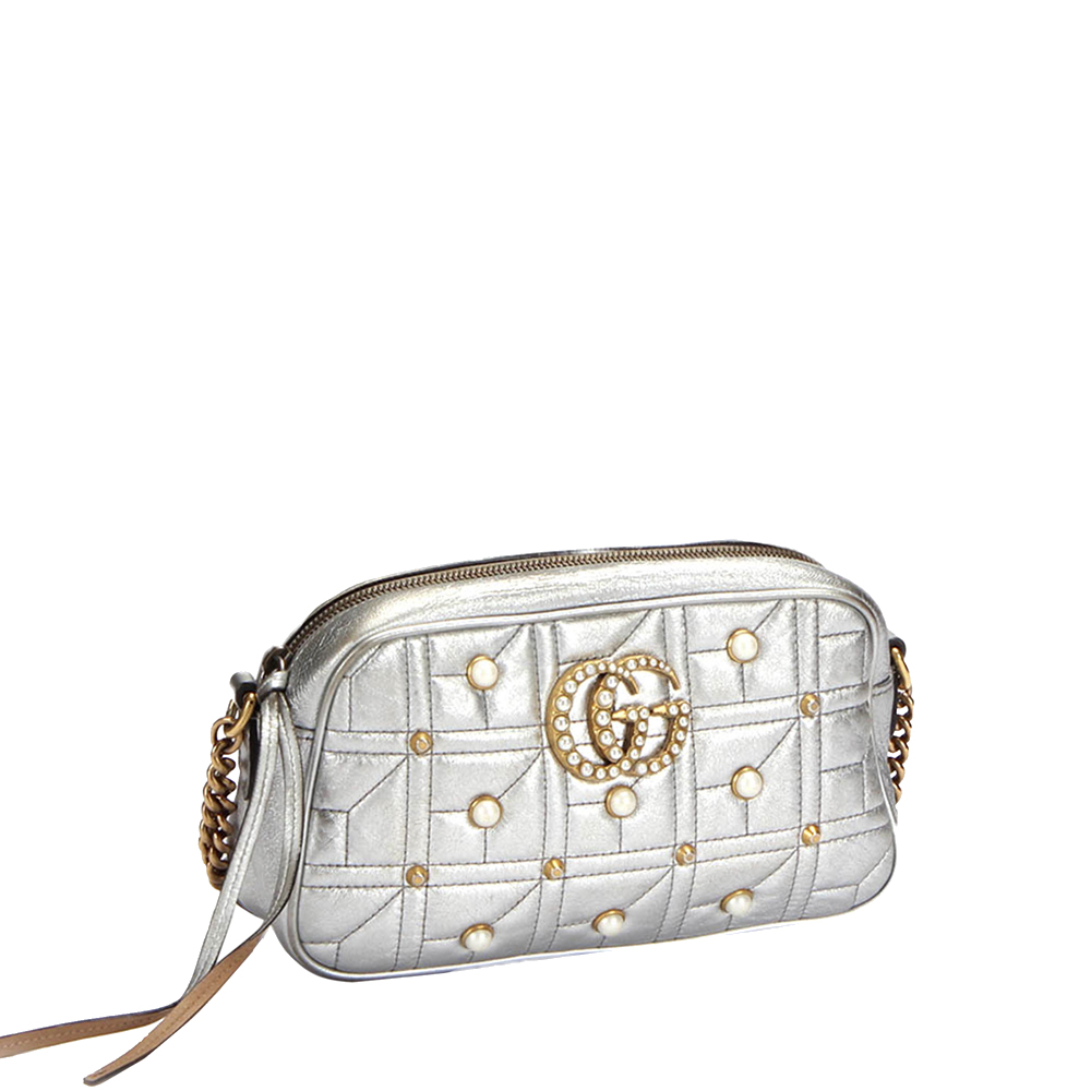 

Gucci Silver Leather GG Marmont Pearl Studded Crossbody Bag