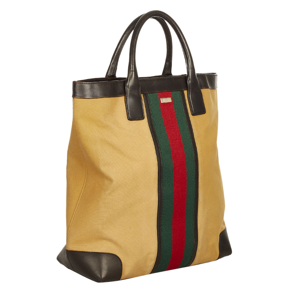 

Gucci Brown Canvas Leather Fabric Vintage Web Tote Bag, Multicolor