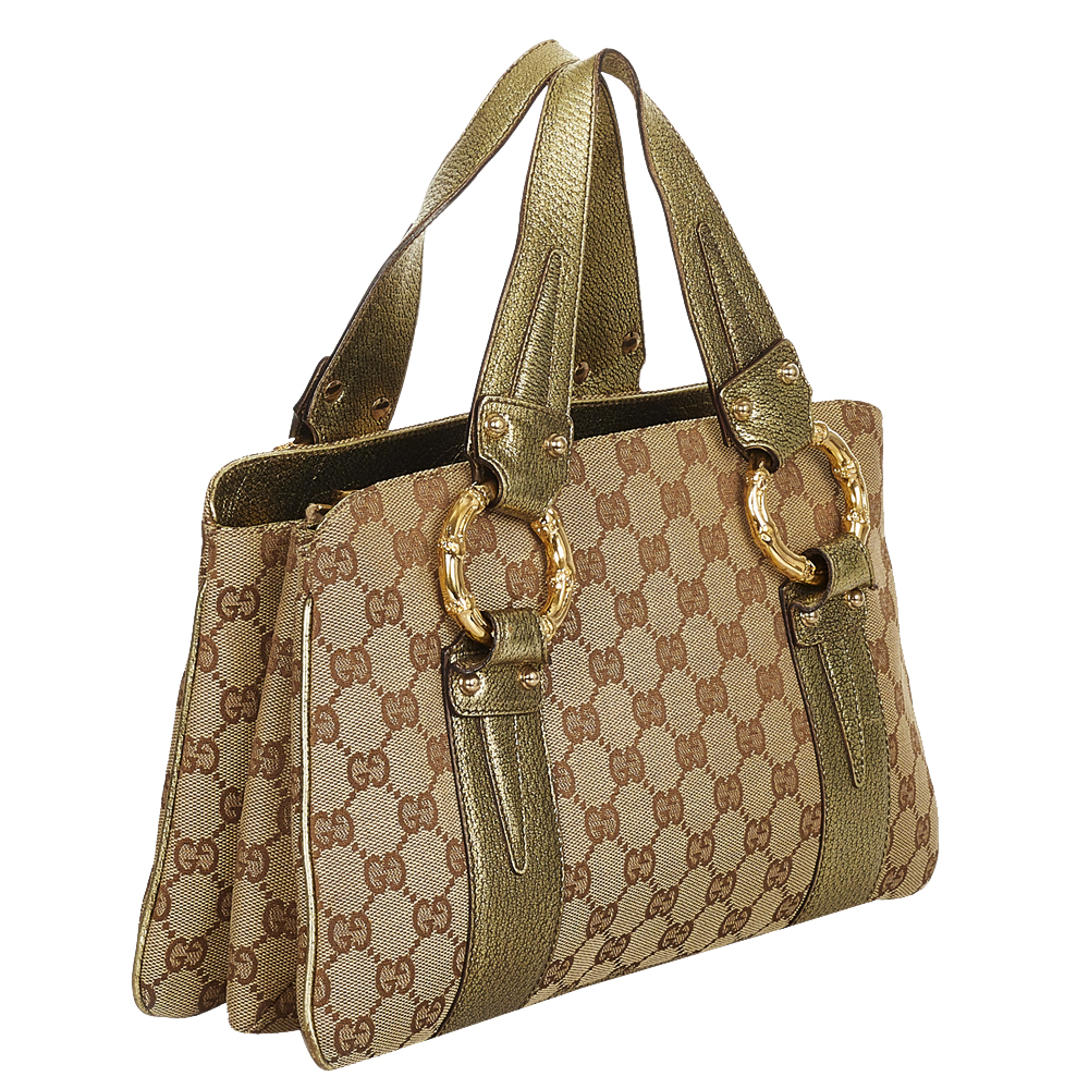 

Gucci Brown/Beige GG Leather Bamboo Satchel Bag