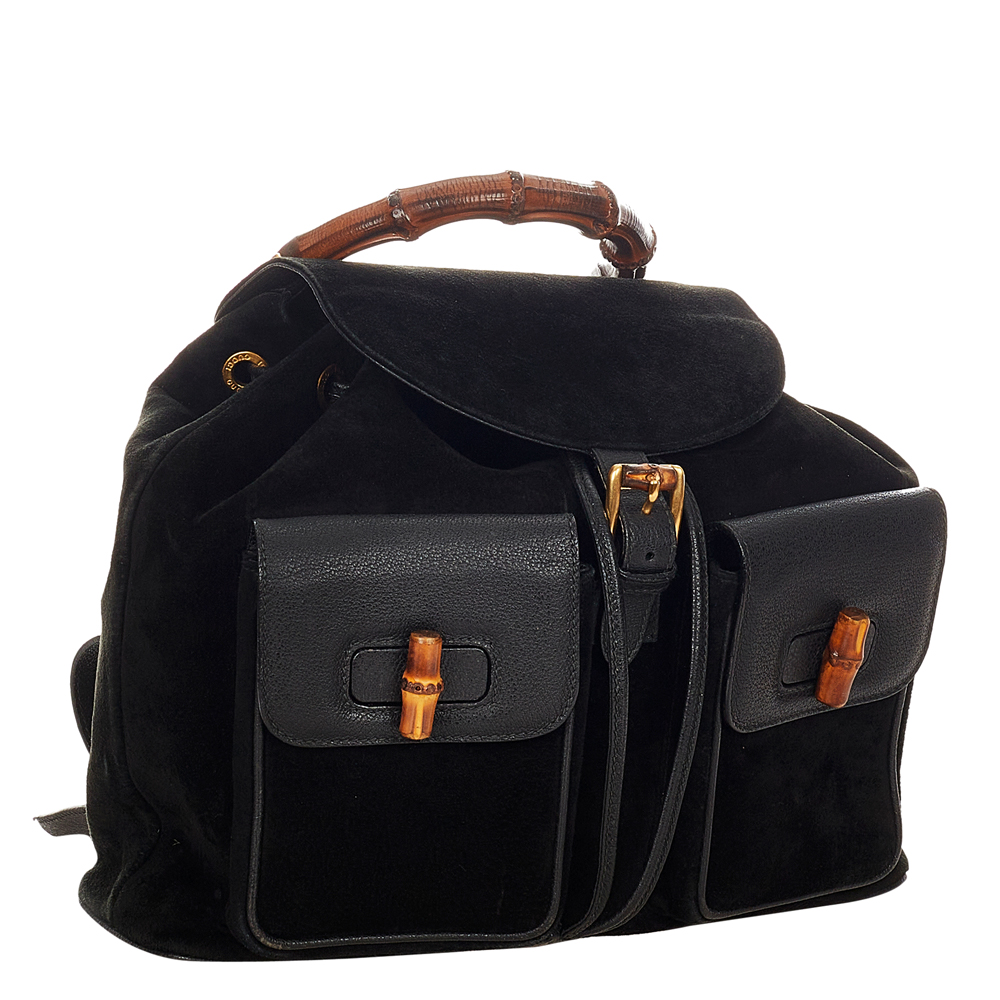 

Gucci Black Leather and Suede Bamboo Drawstring Backpack