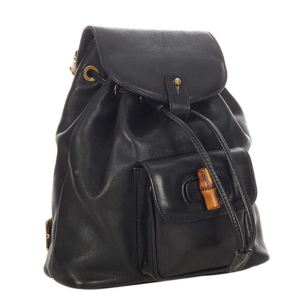 

Gucci Black Leather Bamboo Drawstring Backpack