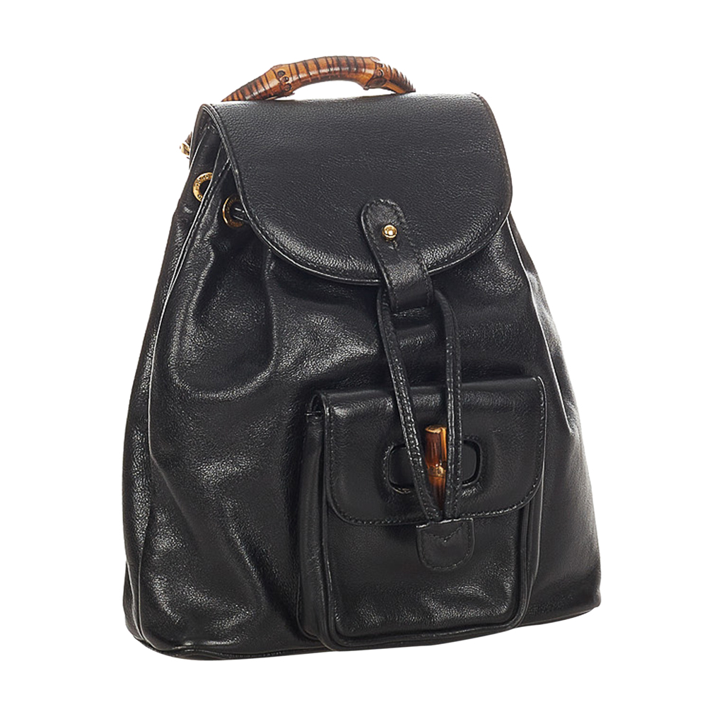 

Gucci Black Leather Bamboo Drawstring Backpack