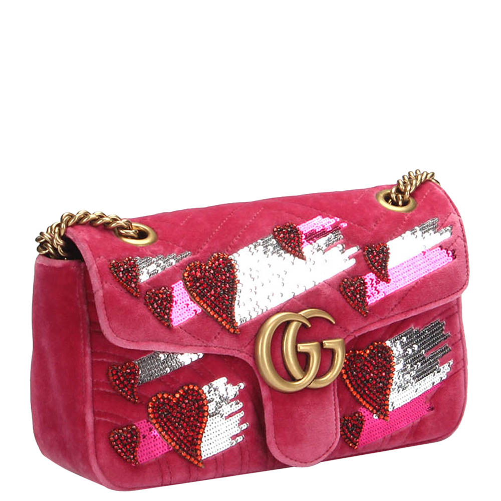 

Gucci Pink Velvet GG Marmont Sequin Heart Small Shoulder Bag