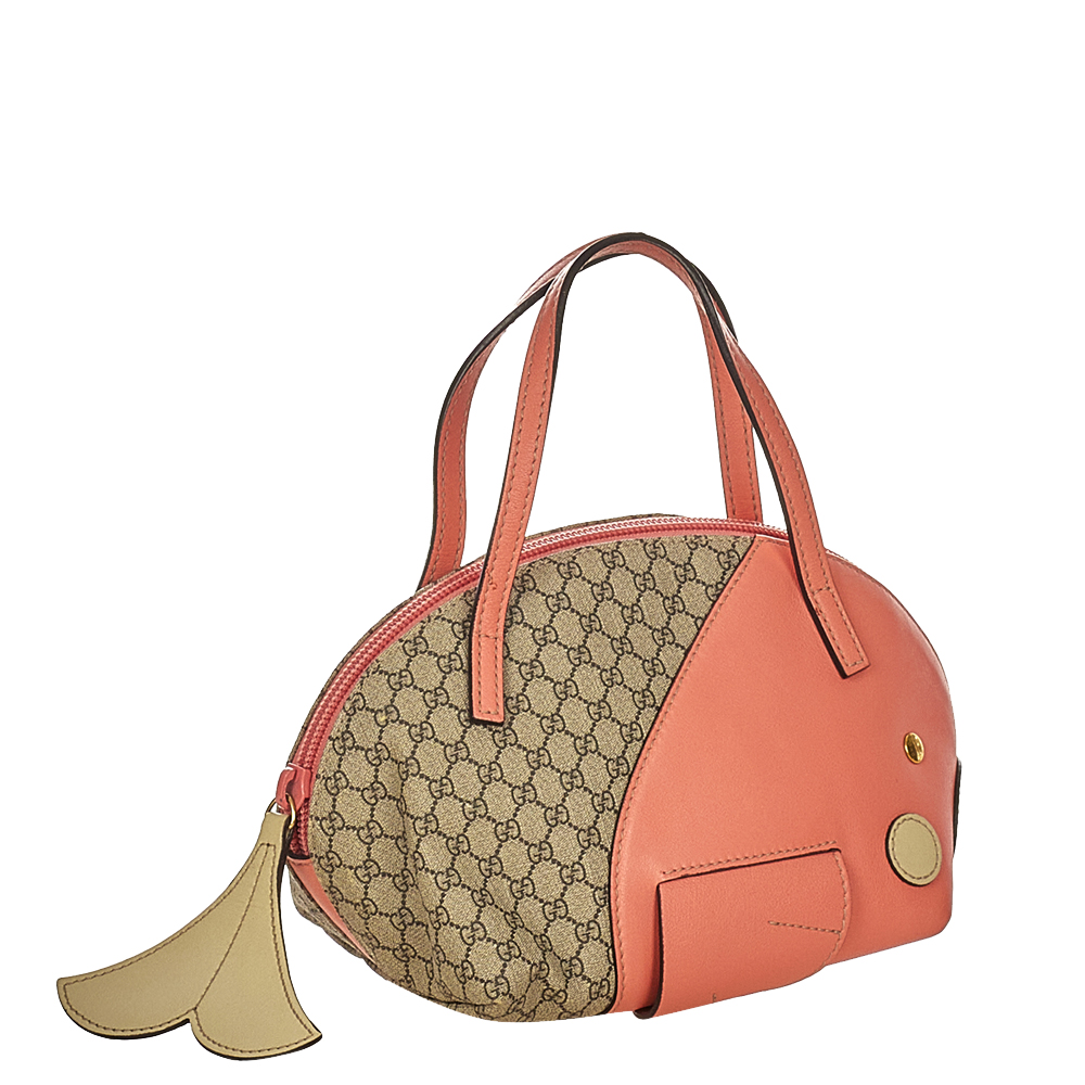 

Gucci Brown/Orange Leather Canvas Zoo Whale Satchel Bag, Beige