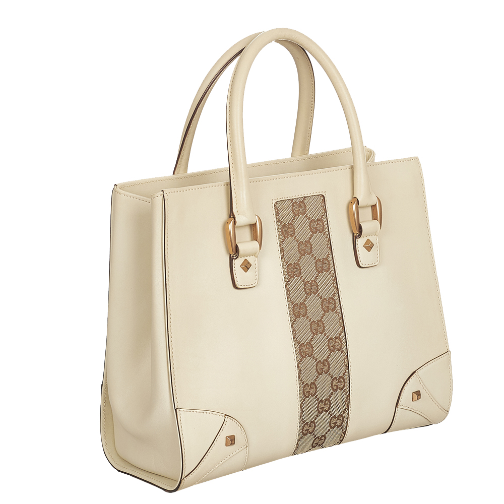 

Gucci White GG Canvas Leather Top Handle Bag, Beige