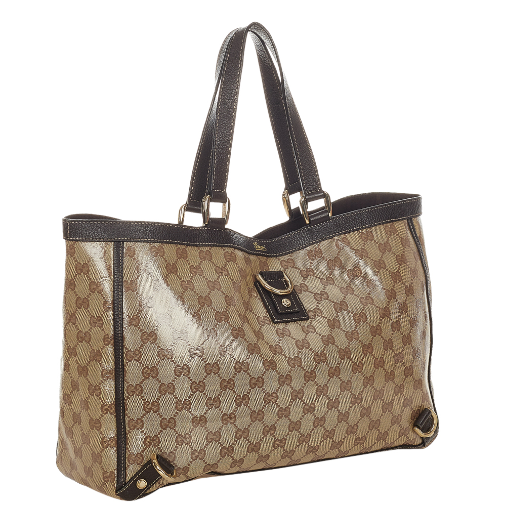 

Gucci Brown/Beige PVC Plastic GG Crystal Abbey D-Ring Tote Bag