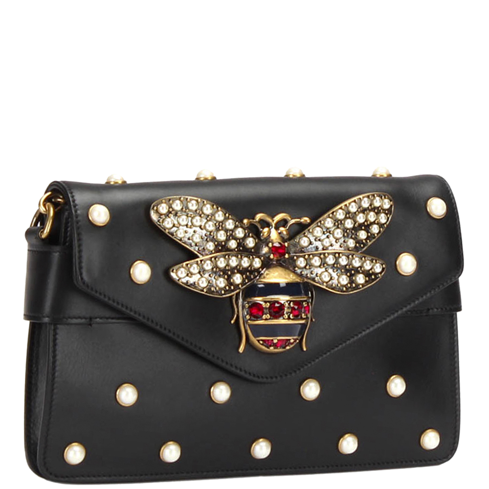 

Gucci Black Leather Broadway Pearly Bee Crossbody Bag