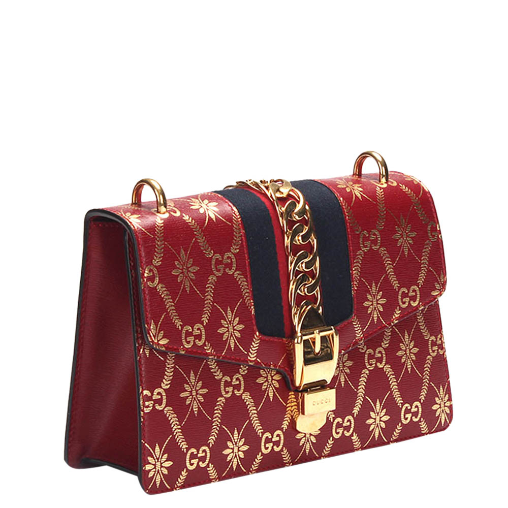 

Gucci Red Calfskin Leather Sylvie Printed Small Shoulder Bag