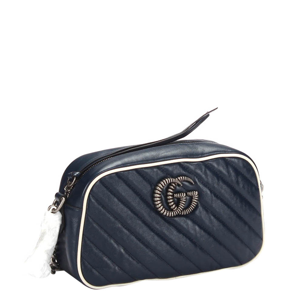 

Gucci Blue Calfskin Leather GG Marmont Matelasse Small Crossbody Bag