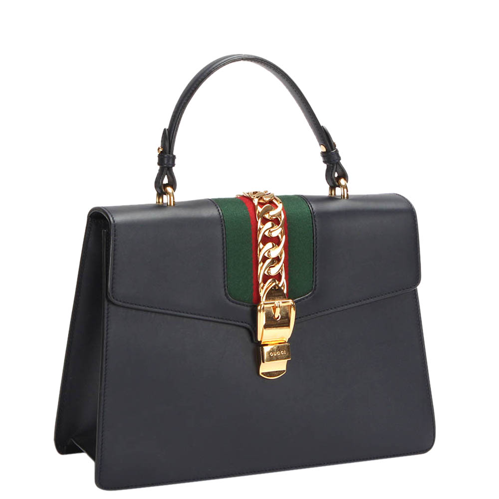 

Gucci Black Calfskin Leather Medium Sylvie Top Handle Bag