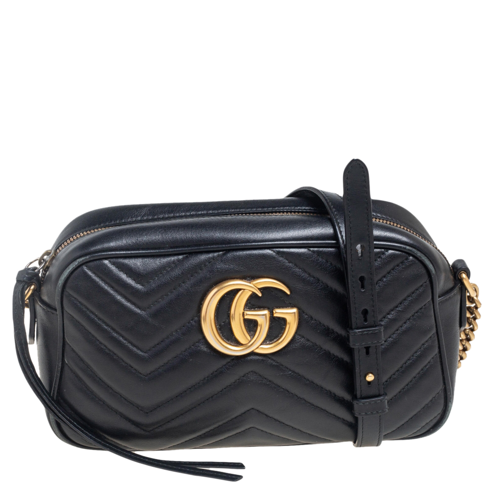 Pre-owned Gucci Black Matelasse Leather Small Gg Marmont Camera ...