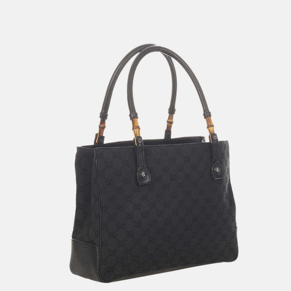 

Gucci Black GG Canvas Fabric Bamboo Tote Bag