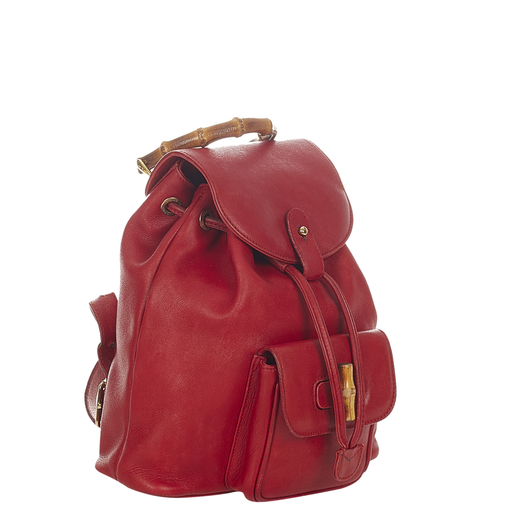 

Gucci Red Leather Bamboo Leather Drawstring Backpack