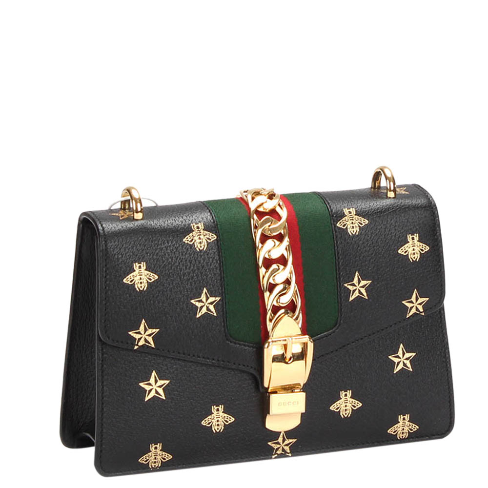 

Gucci Black Leather Sylvie Bee Star Small Shoulder Bag