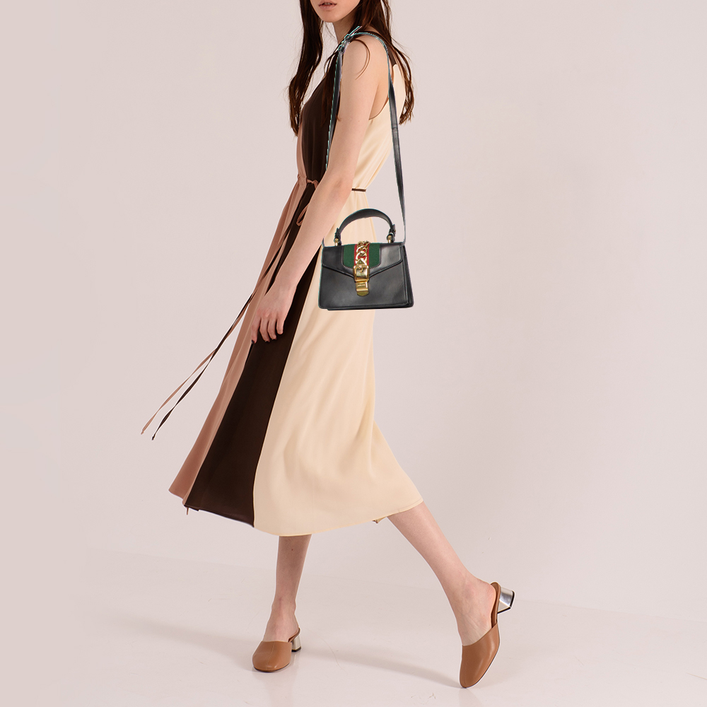 

Gucci Black Leather Mini Web Chain Sylvie Top Handle Bag